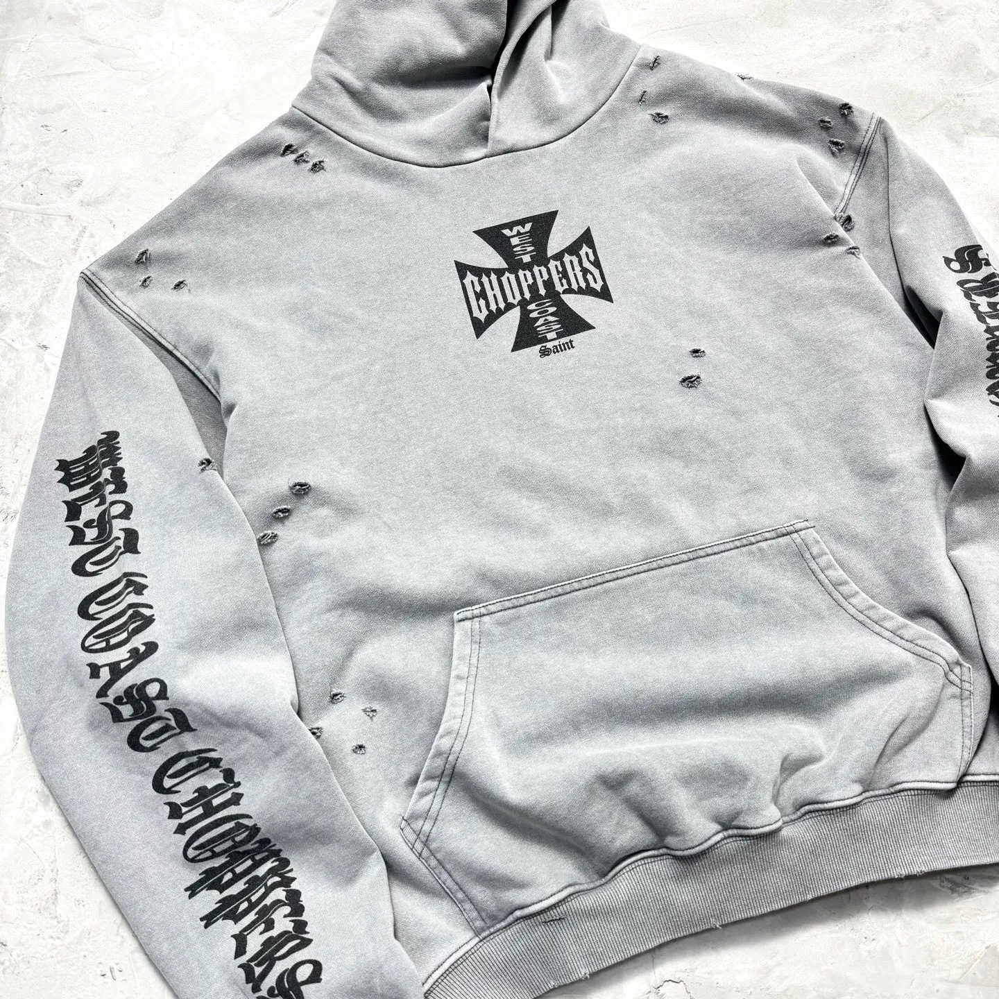 P268 # CHE-59 Saint “West Coast Chopper West Coast Cross” limited edition washed distressed hooded sweatshirt with multi-position hand-damaged craftsmanship. Heavy Assute fermentation mill wash water fading effect. Size: S M L XL